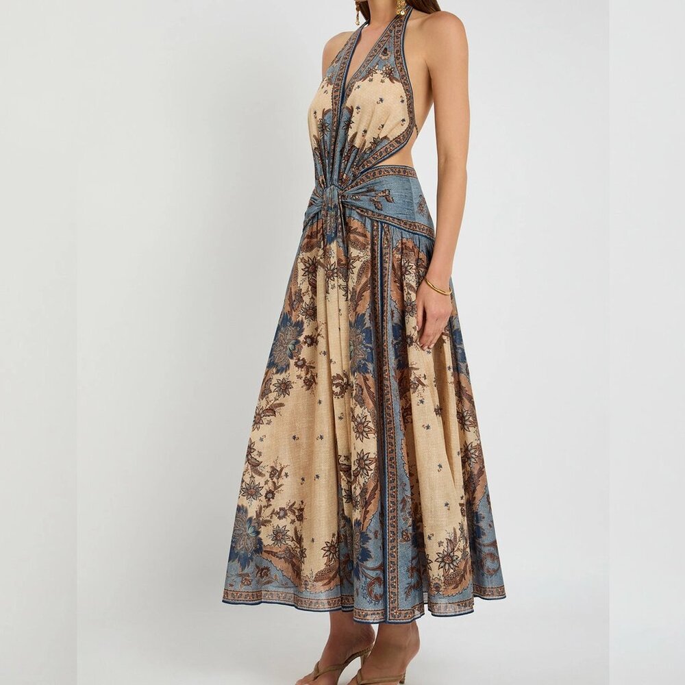 Zimmermann Ascension Plunge Halter Printed Cotton Maxi Dress Multi Floral